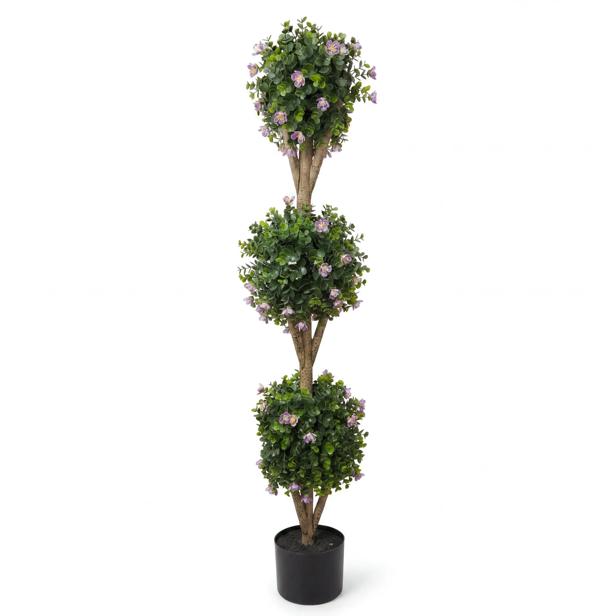 4FT Artificial Topiary Tree, Fake Triple Ball Boxwood with Pot & Blossoms, UV Resistant Outdoor Lifelike Plant for Patio Porch Garden Decor