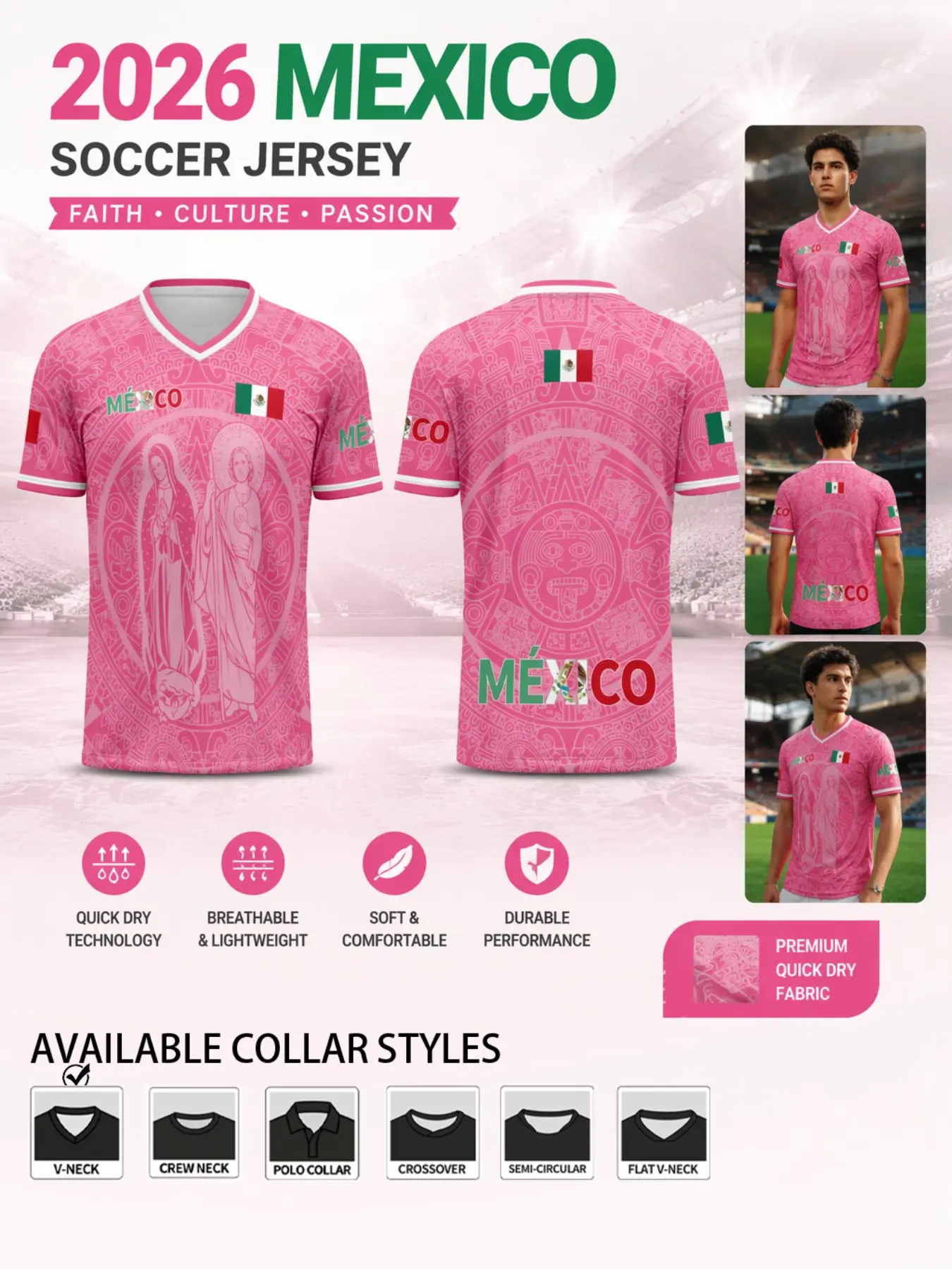 2026 Mexico Guadalupe Mary Aztec Calendar Soccer Jersey, Maya Tribe Print, Moisture-Wicking, Breathable, Lightweight, Durable Sports Wear