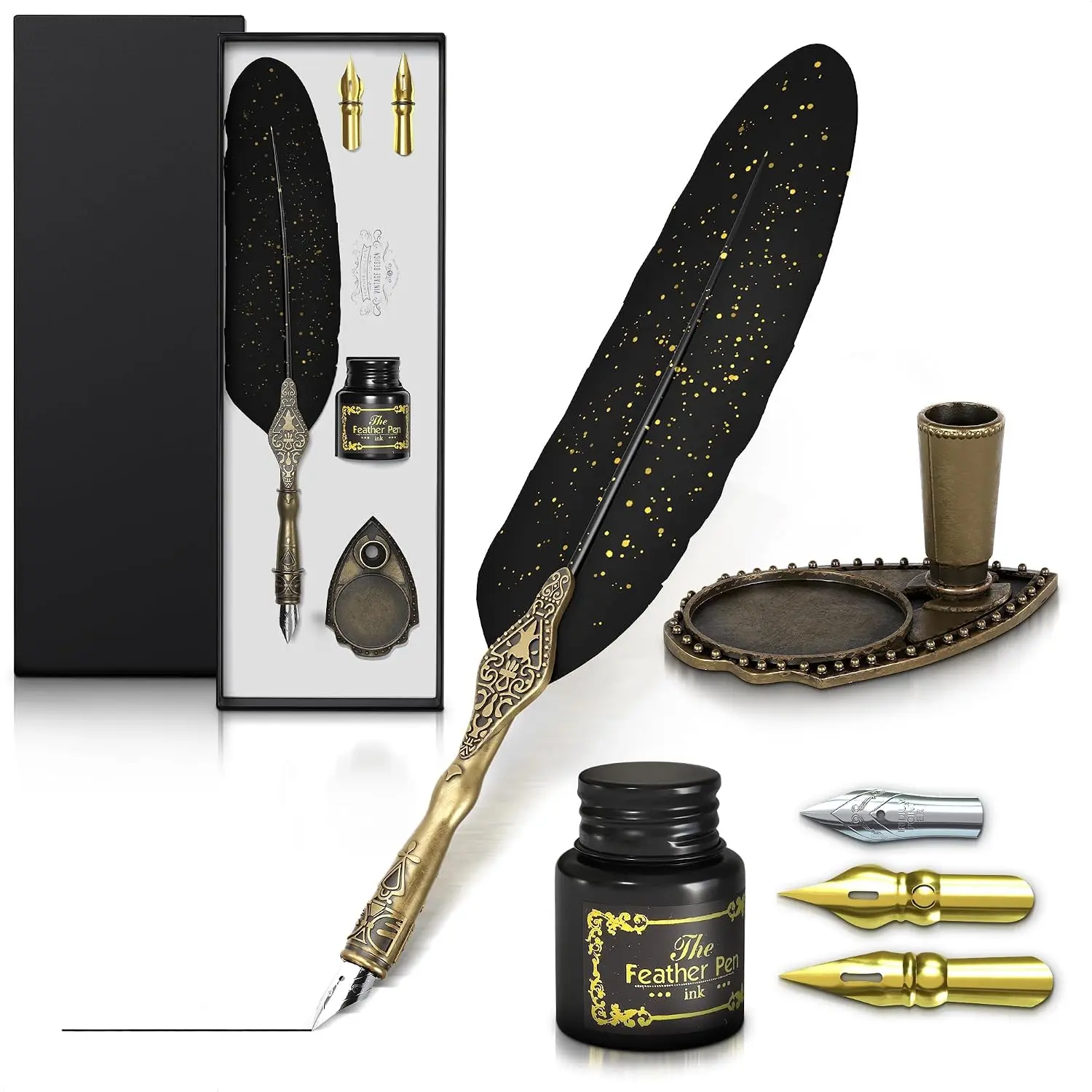 Pen and Ink Set, 11.4", 3 Steel Nibs, Inkwell (Black) | Quill Pen and Ink Set, Beginner Calligraphy Dip Kit with Antique Handle,  Box; for Signatures, Letters and  Decor