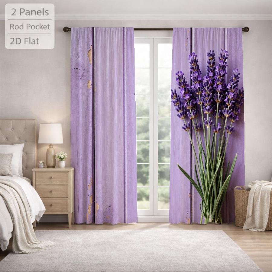 2Pcs Romantic Purple Lavender Floral Wooden Board Sun Blocking Curtains Digital Printed Rod Pocket, Window Treatment For Bedroom Office Kitchen Living Room Study Home Decor