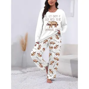Plus Size Cute Sloth Print Long Sleeve Long Pants Autumn Winter Pajama Set Loungewear