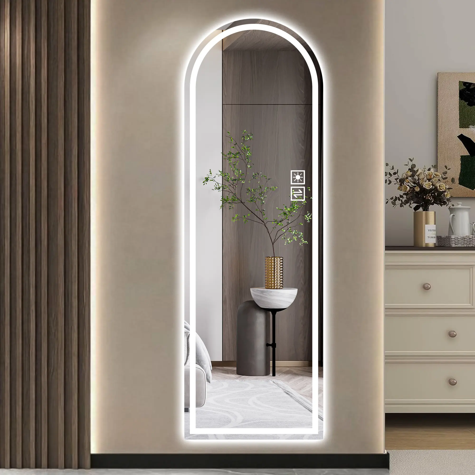 Nokaa Arched Full Length Lighted Mirror 65x21in Wall Mounted Dressing Mirror with Front LED Lighting Dimmable 3 Color Temperatures Memory Function Touch Control for Bedroom Closet Entryway Silver Glass