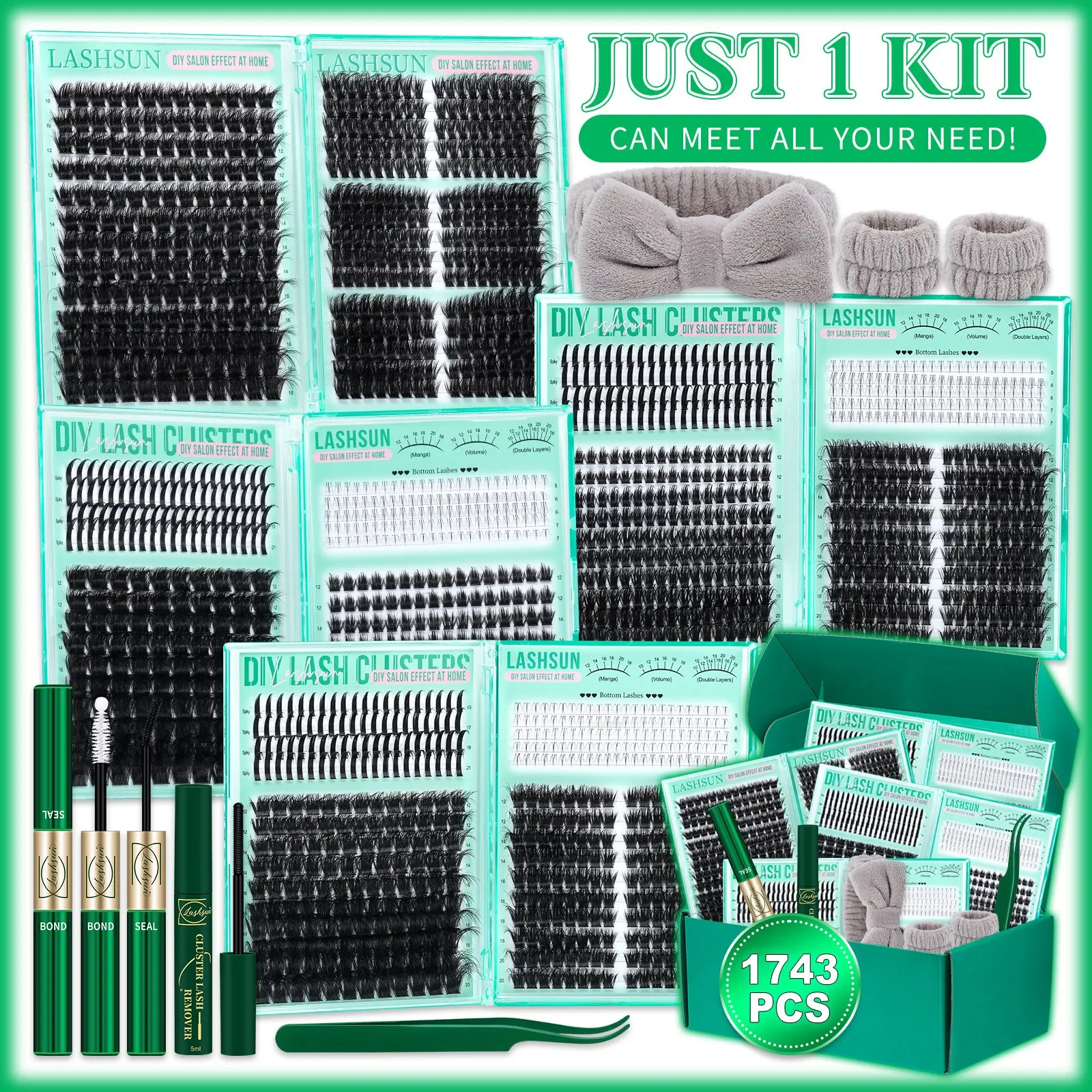 1743 Pcs Large Capacity Cluster Lash Set, D Curl Mixed 5-21mm 9 Styles Bottom/Spike/Mega/Cat/Volume Thick 3D Multi-Layered Lashes, Lash Extensions, Kit with Bond&Seal Remover Tweezers Headband & Wristband, DIY at Home Easily, Easy Apply for Makeup Daily
