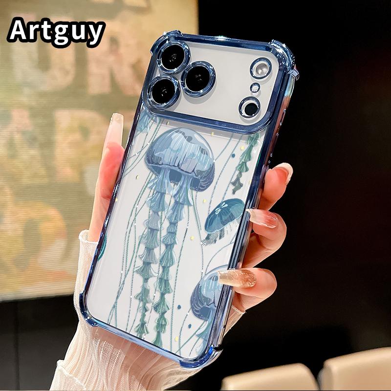 Deep Sea Jellyfish Pattern Phone Case for iPhone 17 Pro Max 16 15 Plus Air 14 13 12 11 E Electroplated Four-Corner Anti-Fall Protection Cellphone Cover