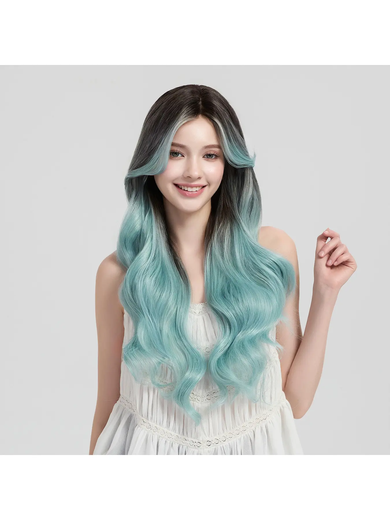Trendy Mint Green Ombre Full Lace High Quality Wigs Wig for Women Long Curly Wavy Hair with Center Part and Bangs Soft Lightweight Comfortable Daily Wear Stylish Wig