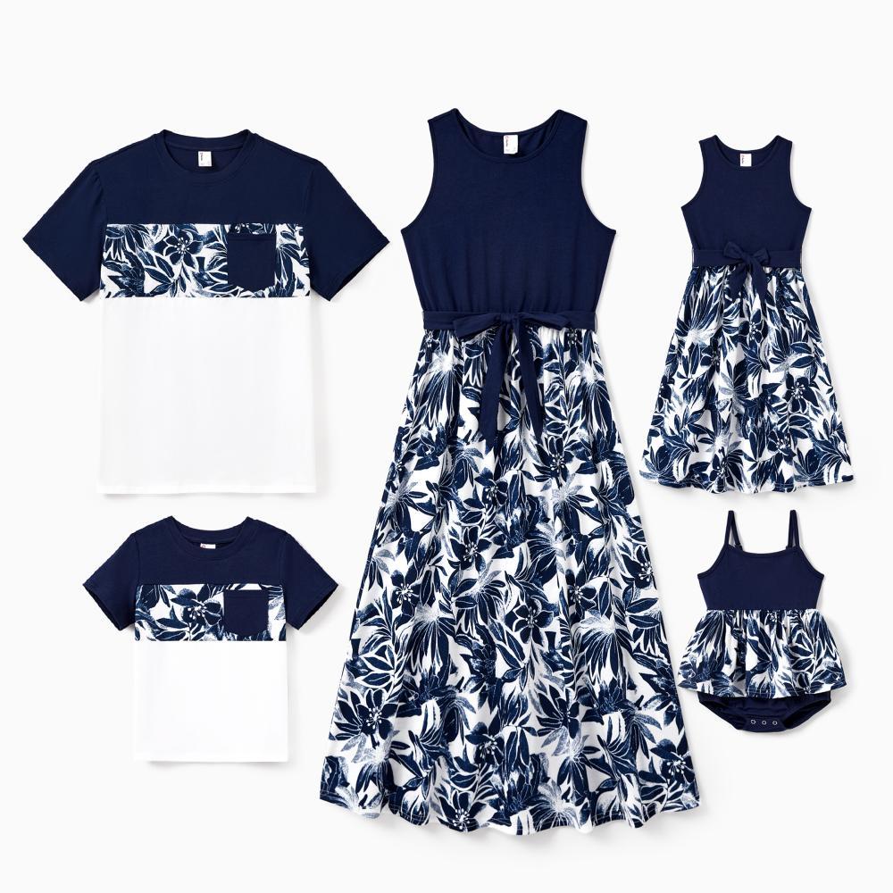 PatPat Family Matching Cotton Tee Flora Print Splicing Shirt or Tank Dresses