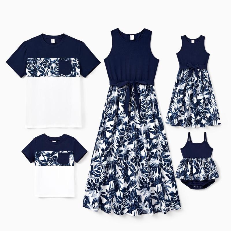 PatPat Family Matching Cotton Tee Flora Print Splicing Shirt or Tank Dresses