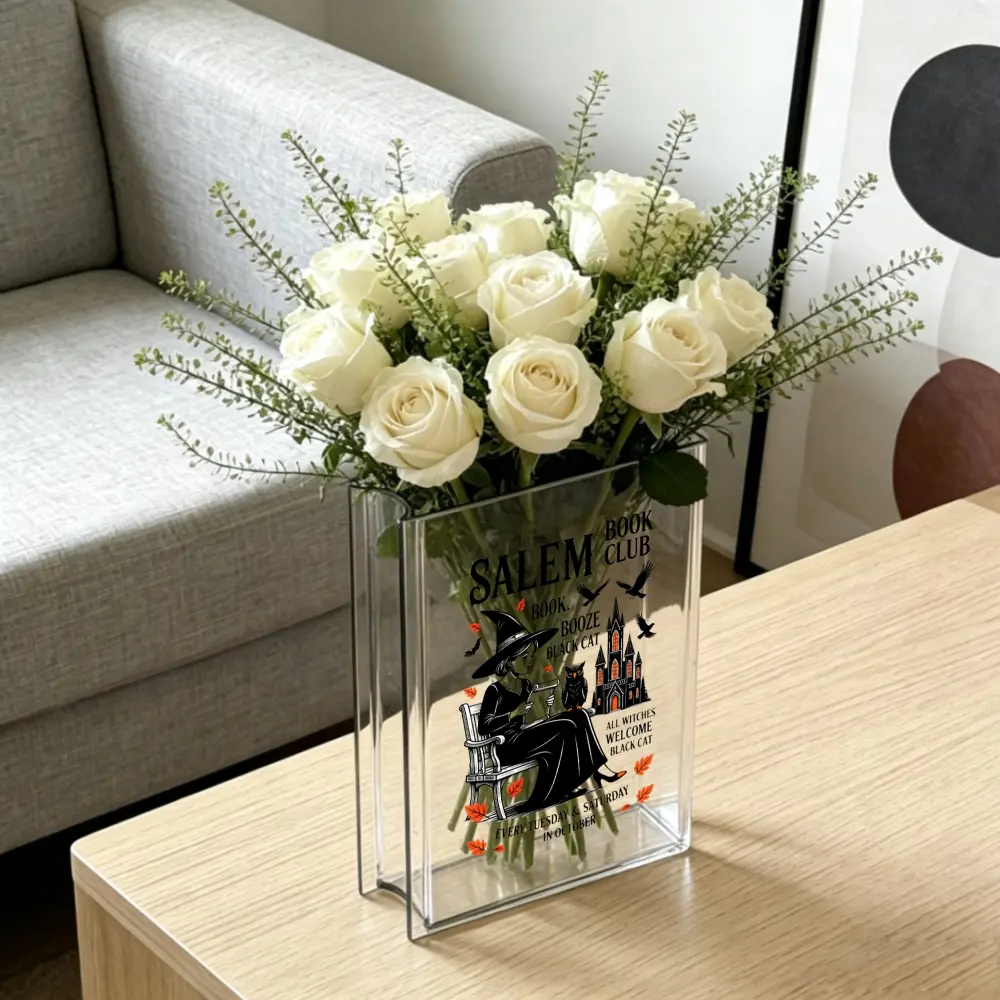 1 Piece Acrylic Salem Book Club Witch And Castle Halloween Theme Transparent Vase With Gothic Illustration Office Home Living Room Decor Table Centerpiece Flower Arrangement Display