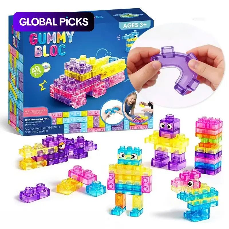 40PCS Jelly Blocks, Washable Blocks Squishy Fidgets, Sensory Stress Reliever, Sensory Soft Building Blocks Bath Toys, Kids Montessori Squishy Stacking Toy Set, Squeezable & Stretchable Early Learning Construction Playset, Puzzle Blocks #GLOBAL PICKS