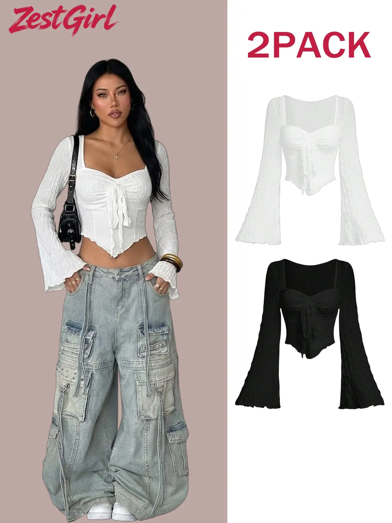 Two-Piece Women's Pleated Bell Sleeve Short Top, Heart Neck Textured Shirt, Y2K Sweet Cool Asymmetrical Hem, Streetwear Daily Wear