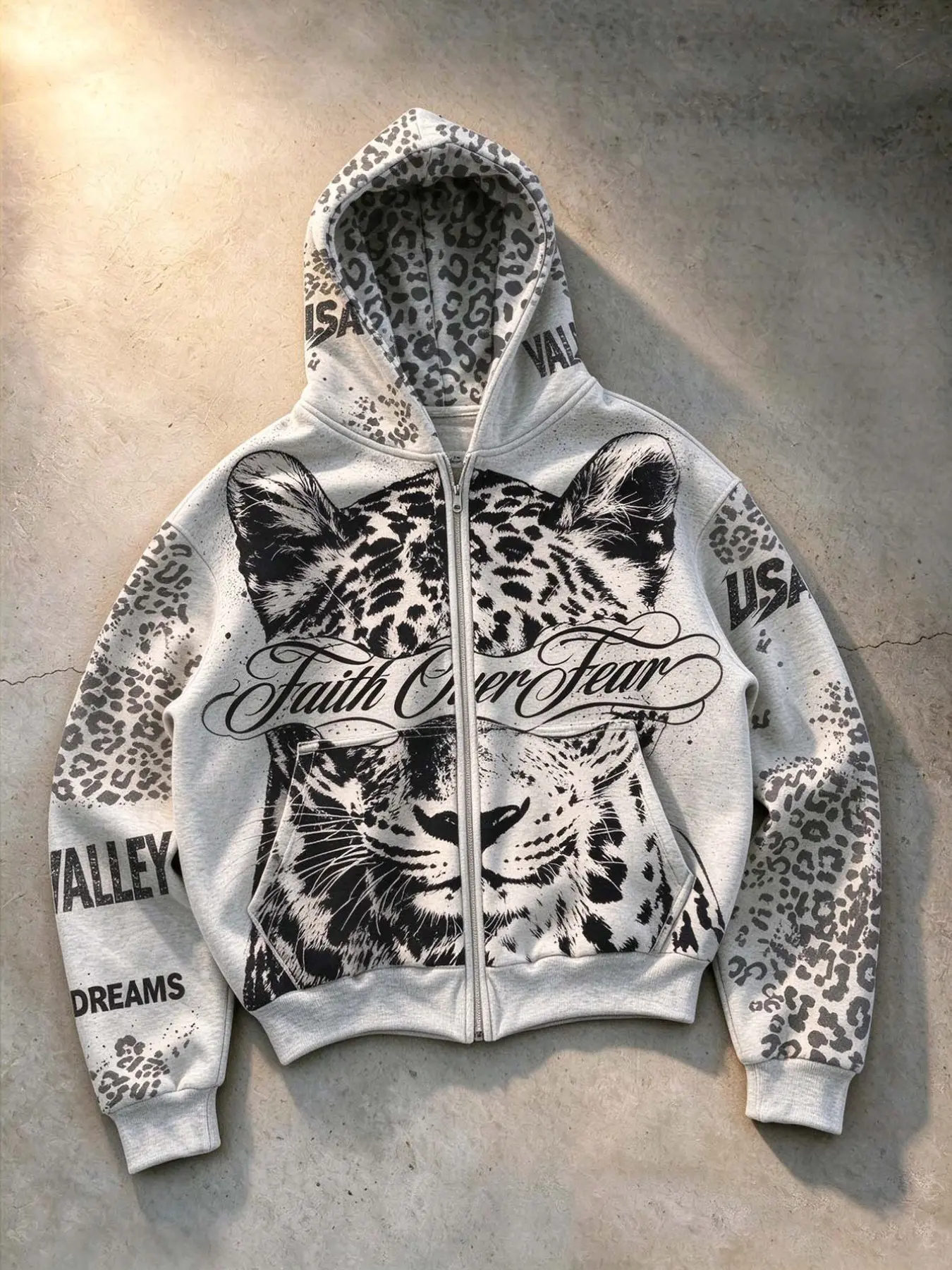 Men's vintage leopard print zip-up hoodie, unisex. Zip-up cardigan jacket with "faith over fear" text, cheetah leopard print and valley print, men's high-street fashion brand zip-up hooded sweatshirt