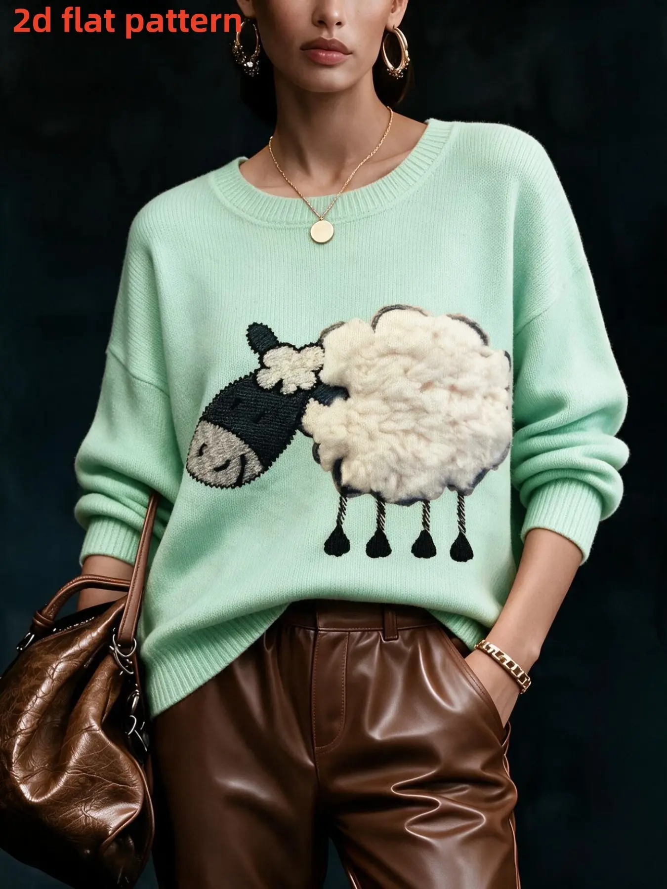 Women's Fall Winter Fashion Long Sleeve Round Neck Knit Sweater, Sheep Pattern Digital Print, Casual Pullover Top for Ladies