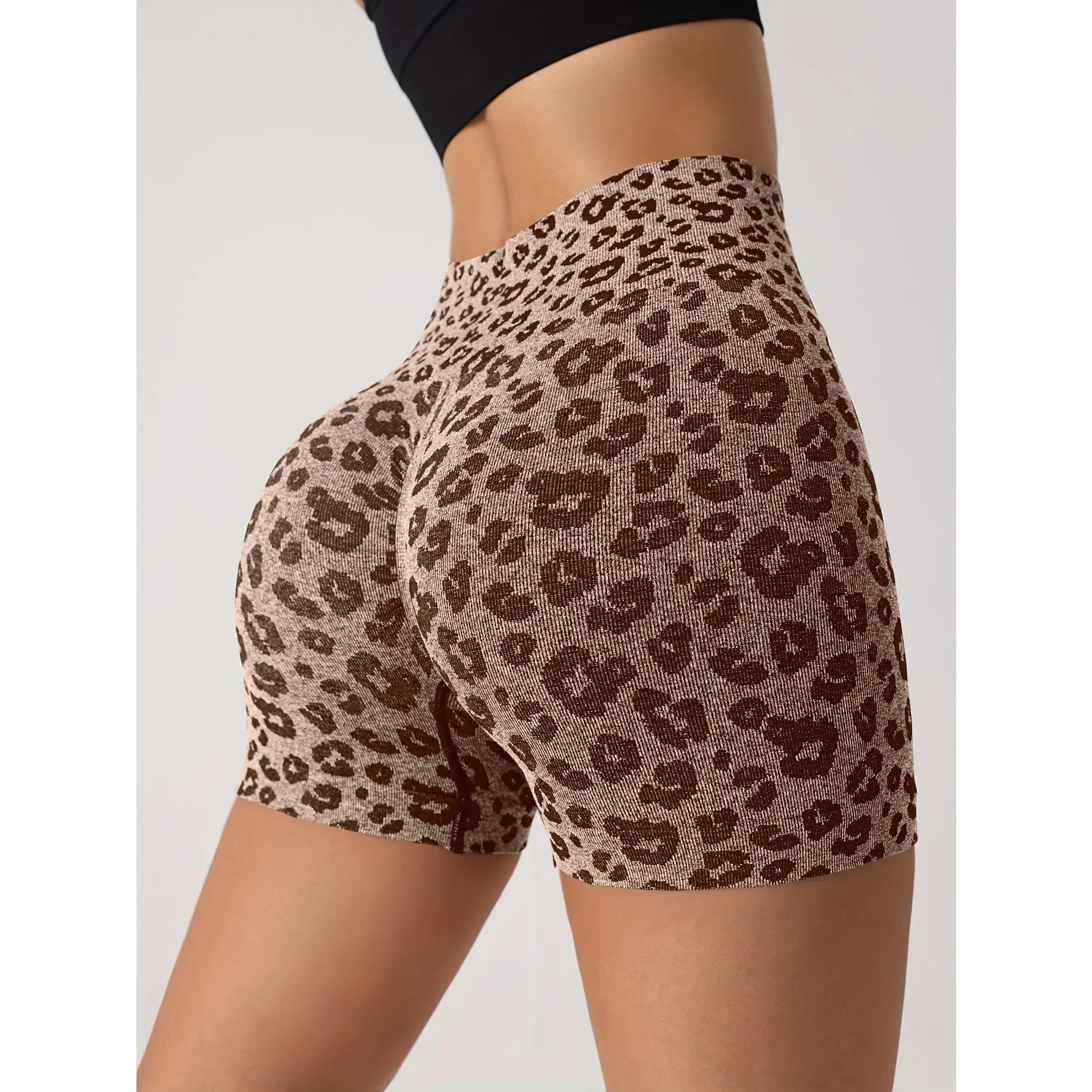 Women's High-Waisted Active Shorts in Pink Leopard Print - High Stretch Knitted Fabric for Yoga & Workouts