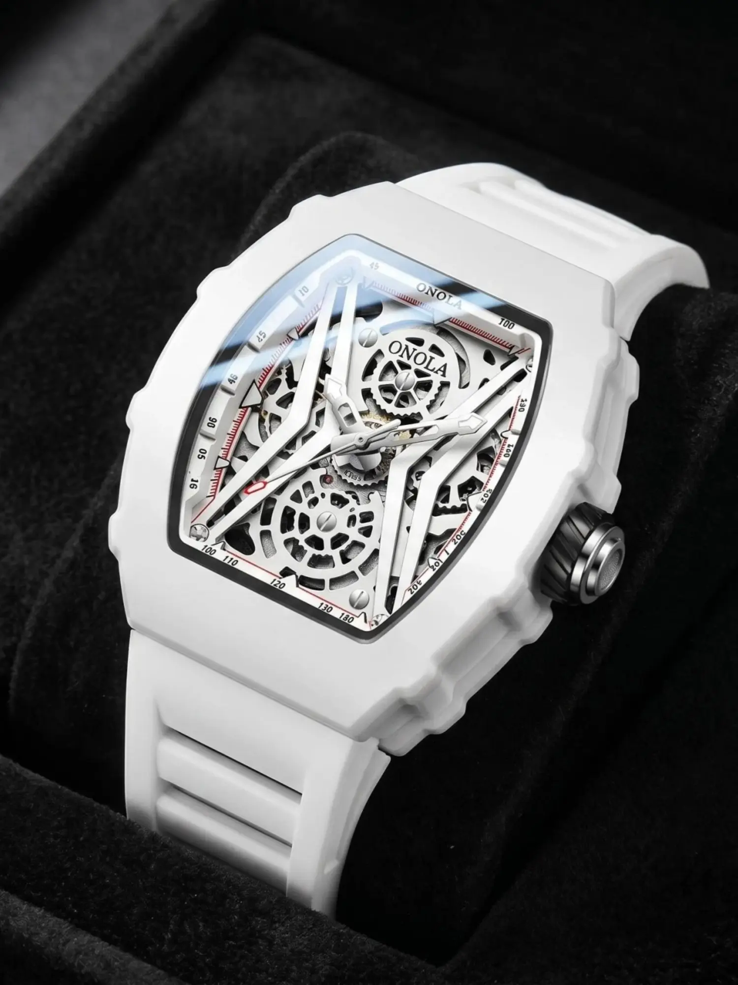 ONOLA Men Tonneau Skeleton Self Winding Automatic Mechanical Wrist Watch 30M Waterproof Luminous Mineral Glass Mirror Metal Case Silicone Strap Hip Hop Large Dial Sports Daily Wear Birthday Anniversary Gift Watch For Male