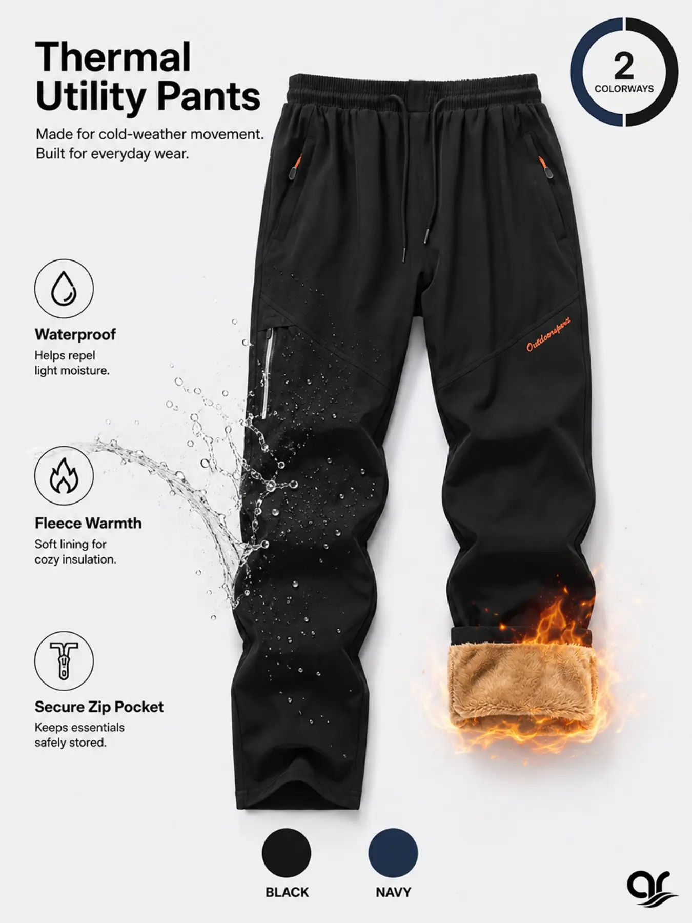 AR Men's Fleece Lined Hiking Pants, Waterproof Windproof Fall & Winter Pants with Secure Zip Pockets, Stretch Waist for Hiking, Camping, Skiing, Travel, Outdoor Work & Daily Wear