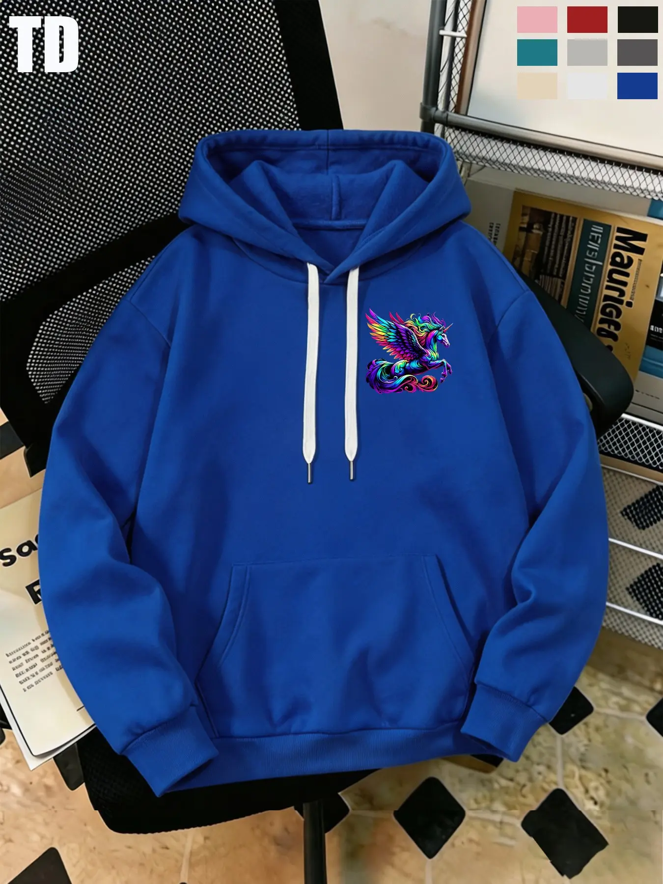 Td Cute Street Fleece Hoodie, Rainbow Winged Unicorn Print, Unisex Long Sleeve Pullover, 9 Colors, Casual Fall Winter