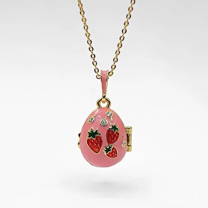 vibecharm Openable Butterfly Locket Decorative Charm Necklace - Gold-Tone Chain Link, Pink Enamel Cherry Egg Pendant with Secret Charm, Cottagecore Aesthetic Women's Unique Gift, Decorative Charm Necklaces