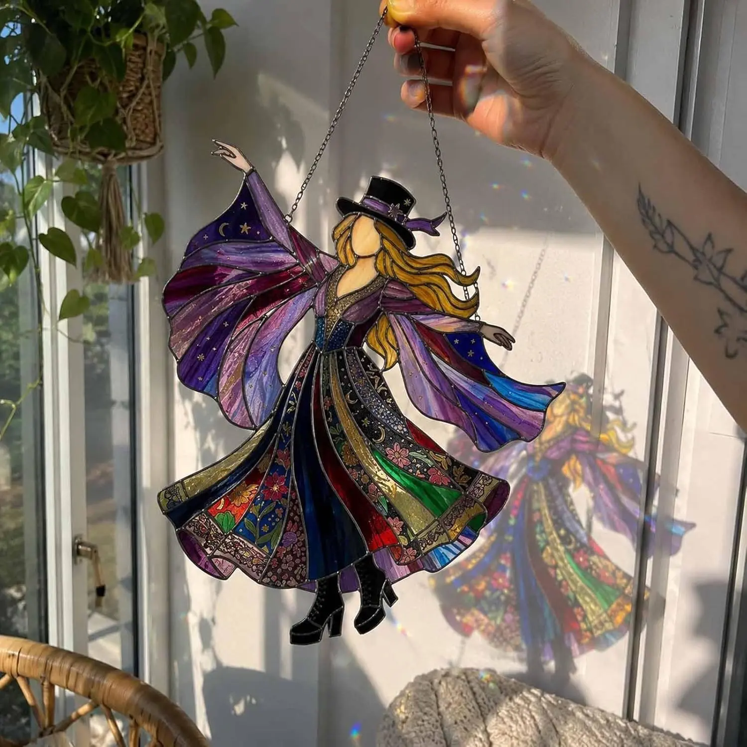 2D Flat Witch Goddess Rock Acrylic Sun Catcher, Boho Colored Window Hanging Rainbow Maker, Moon Wall Art Decor for Music Room, Halloween Hanging Ornament