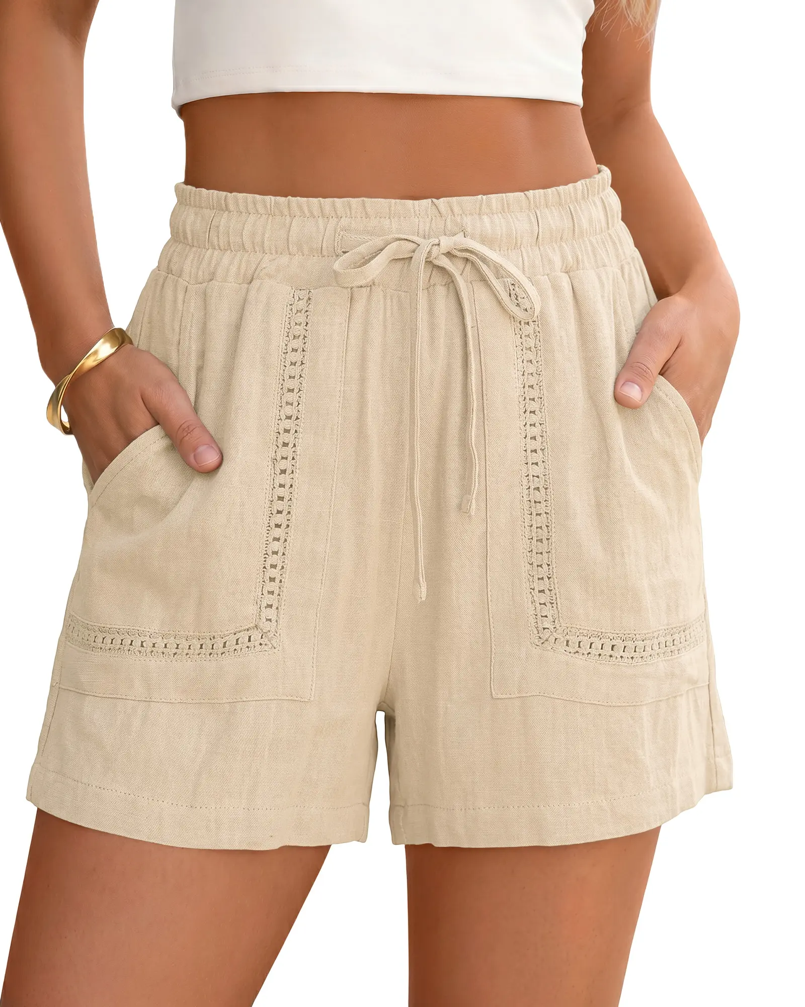 luvamia Women's Soft Linen Bottom Shorts, Elastic High-Waisted Pull-On Beach Essential with Crochet-Lace Trim, Pockets for Outdoor Vibe Summer Casual Vacation, Drawstring, Comfortable