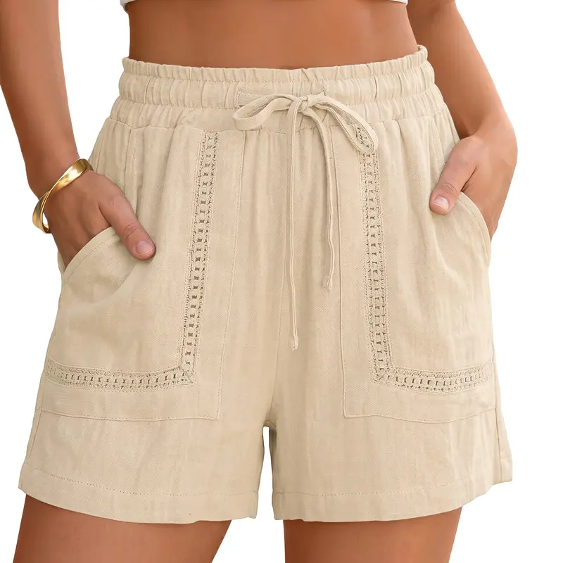 luvamia Women's Soft Linen Bottom Shorts, Elastic High-Waisted Pull-On Beach Essential with Crochet-Lace Trim, Pockets for Outdoor Vibe Summer Casual Vacation, Drawstring, Comfortable, Elegant