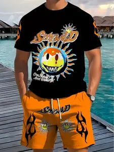 Men's Punk Style Letter Clothing Set, Summer Fashion Short Sleeve Crew Neck Quick-Dry Tee, 3D Digital Print, Casual Wear, Gift Idea
