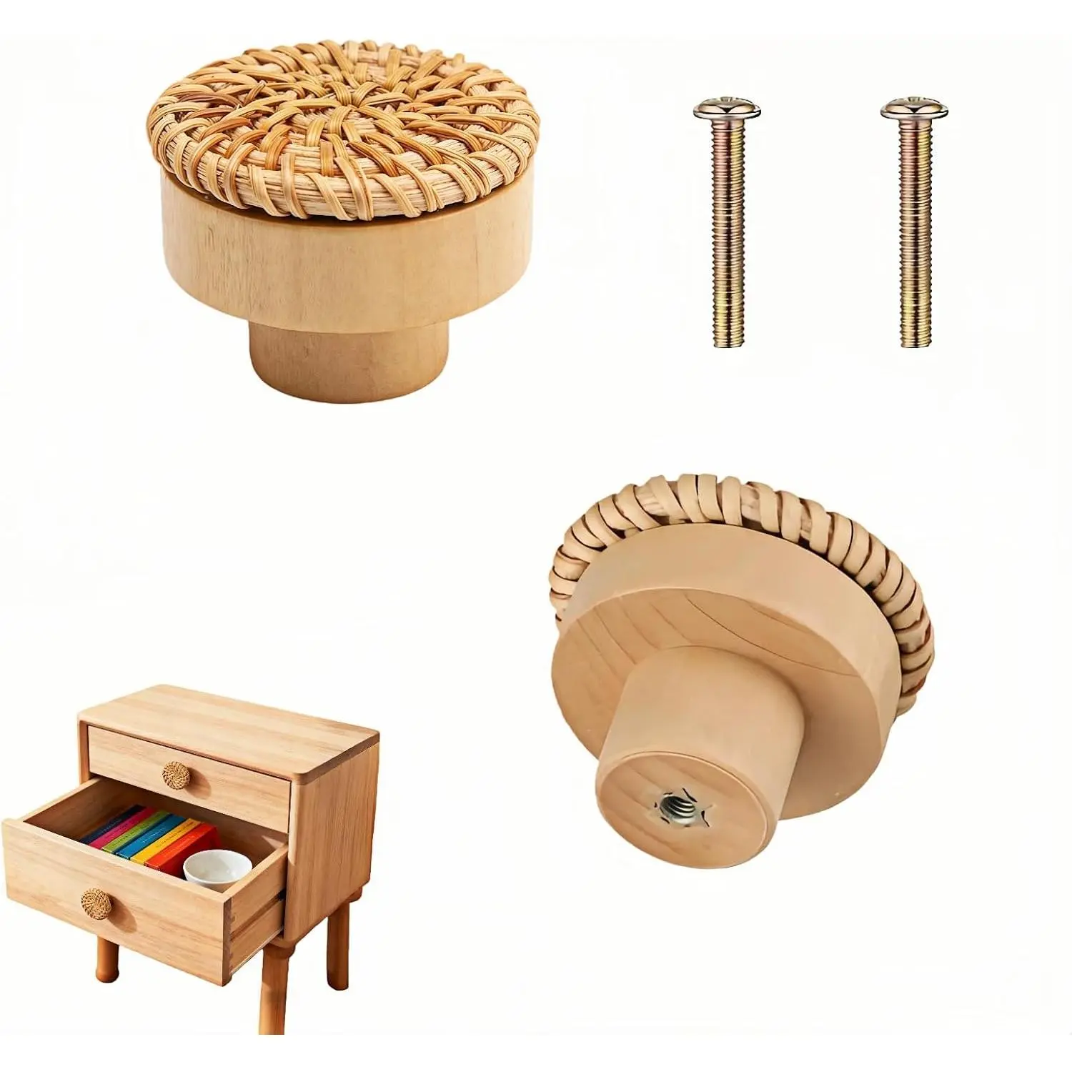 Handwoven Bohemian Drawer Knobs -  Rattan & Solid Beech  Cabinet Pulls for Dresser, Closet, Kitchen Cabinets (Set of 2, Caramel) | Easy Install Boho  Decor Knobs