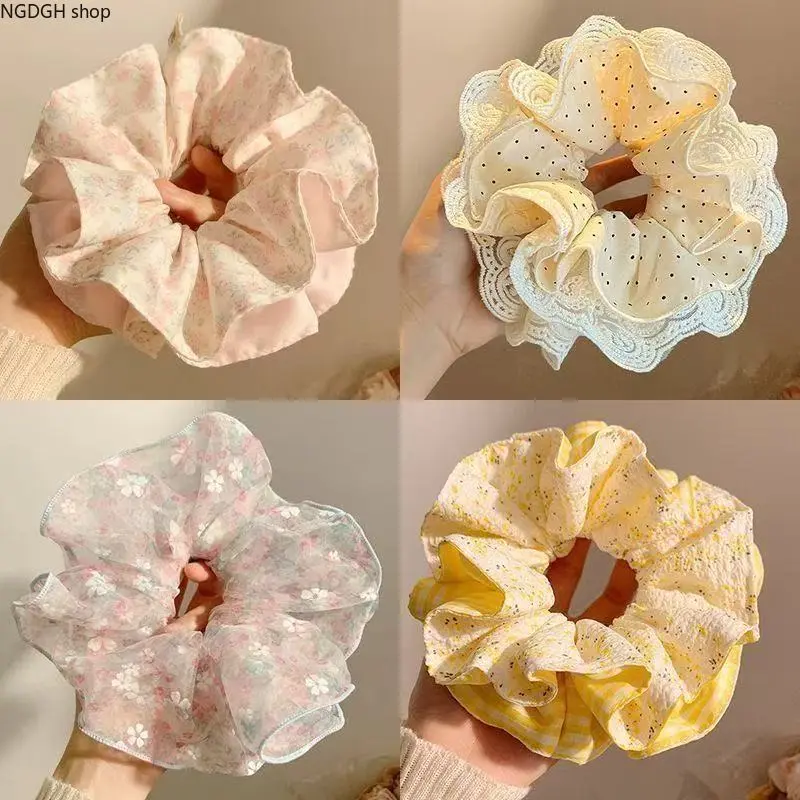 Large Floral Hair Scrunchie - Sporty Chic Vintage-Inspired Soft Cotton Chiffon Bow Tie, Cute Prints, Gentle Volume, Comfortable Hold for Everyday Hair Care, Beach Vacation Use, Daily