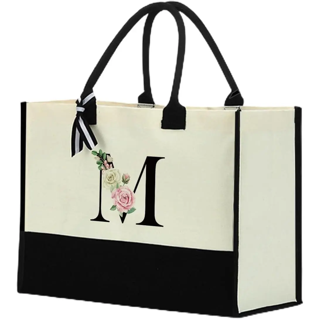 Monogrammed Tote Bags Floral Letter Initial Bag Personalized Beach Bag Monogrammed Gifts for Women Bridesmaids Wedding