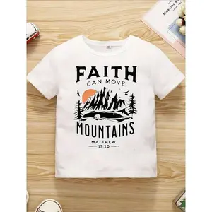 1PC 1pc Boys' Christian Faith Can Move Mountains Bible Verse T-Shirt - Matthew 17:20 Inspired Design, with Inspirational Print, Short Sleeve Round Neck Casual Tee for Kids 3-13 Years Old, All-Season Fit, Easter Gift & Casual Attire