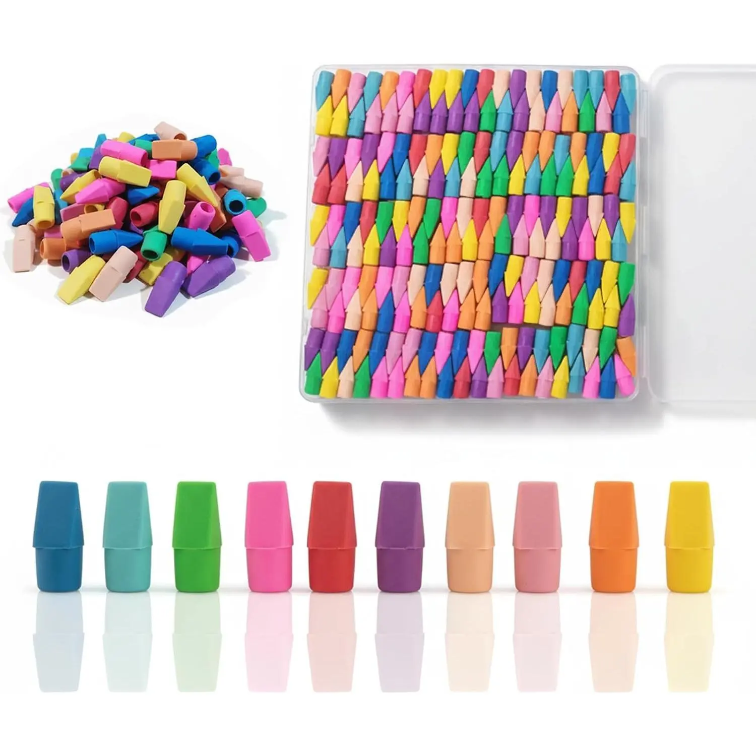 195 Pencil Top Erasers, Latex-Free Chisel Tips, 10 Colors with Storage Box | Soft eraser material fits standard pencils for classrooms, homework, offices and everyday writing corrections
