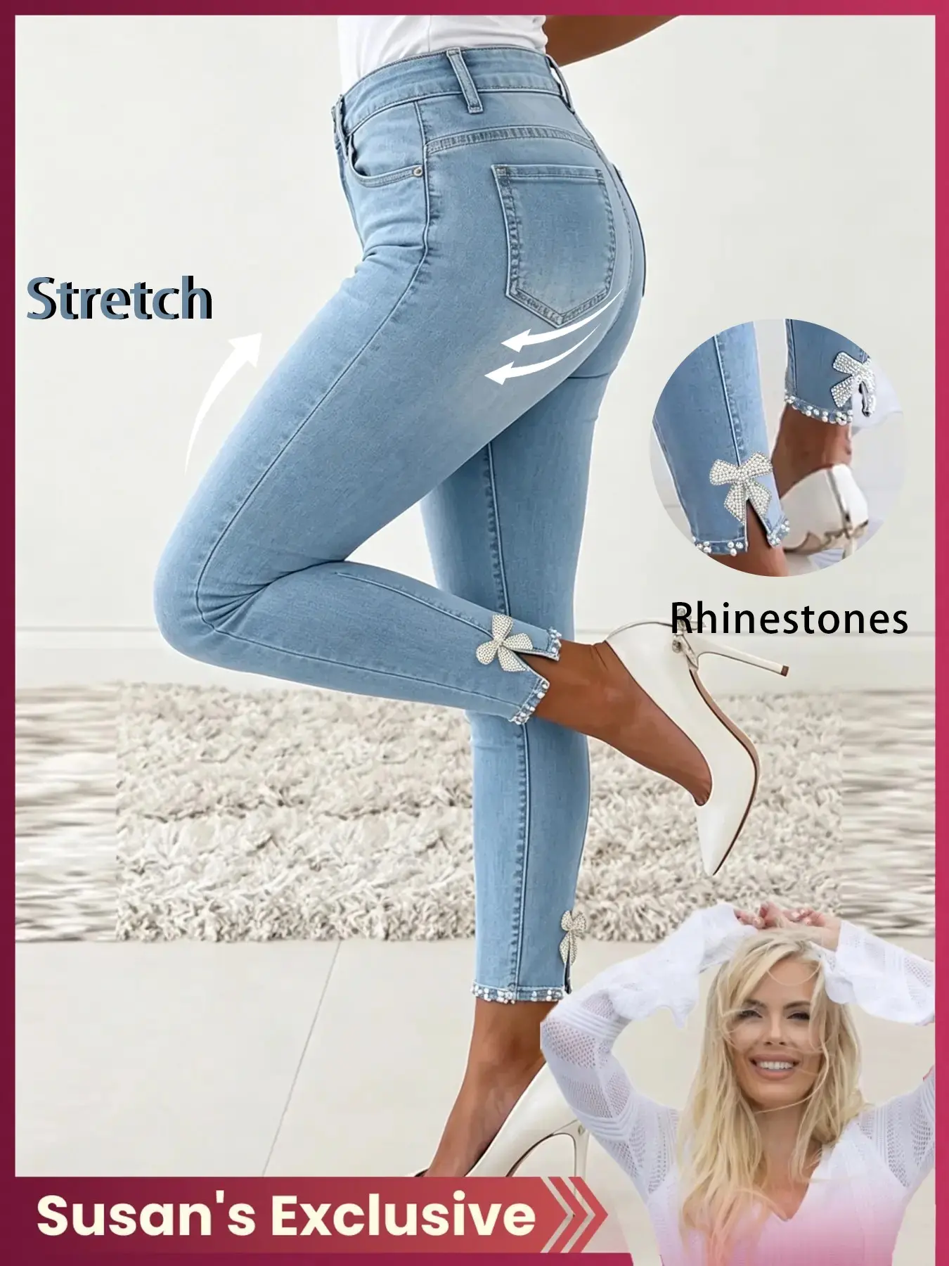 [susan's Exclusive] Women's High-Waisted Stretch Elastic Button Skinny Jeans, Rhinestone Butterfly Knot Pearl Trim, Slim Fit Ankle-Length Denim Jeans