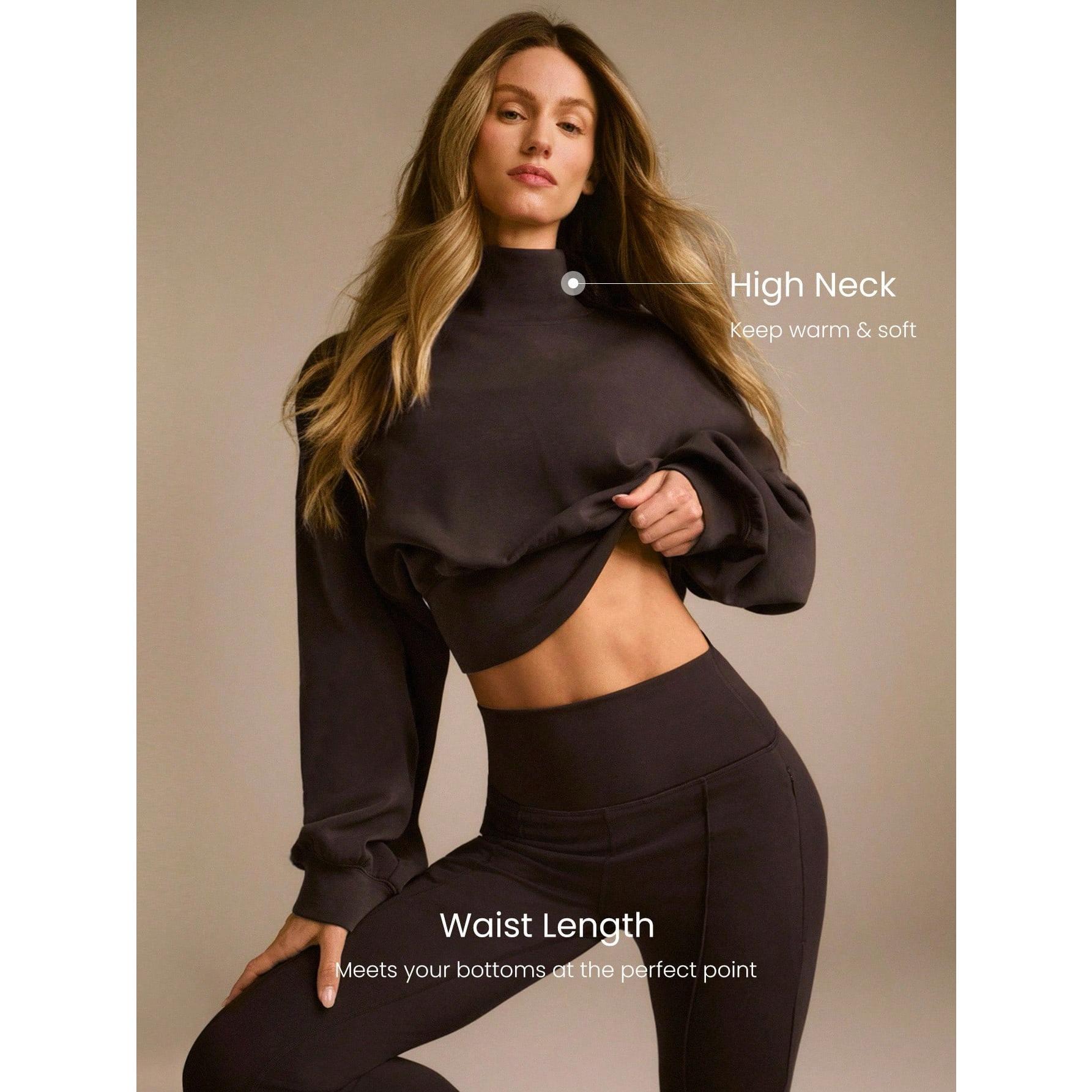GLOWMODE Modal Soft Warm Curved Bubble Hem Waist Length Oversized Ribbed Cuffs High Neck Pullover Sweatshirt Daily