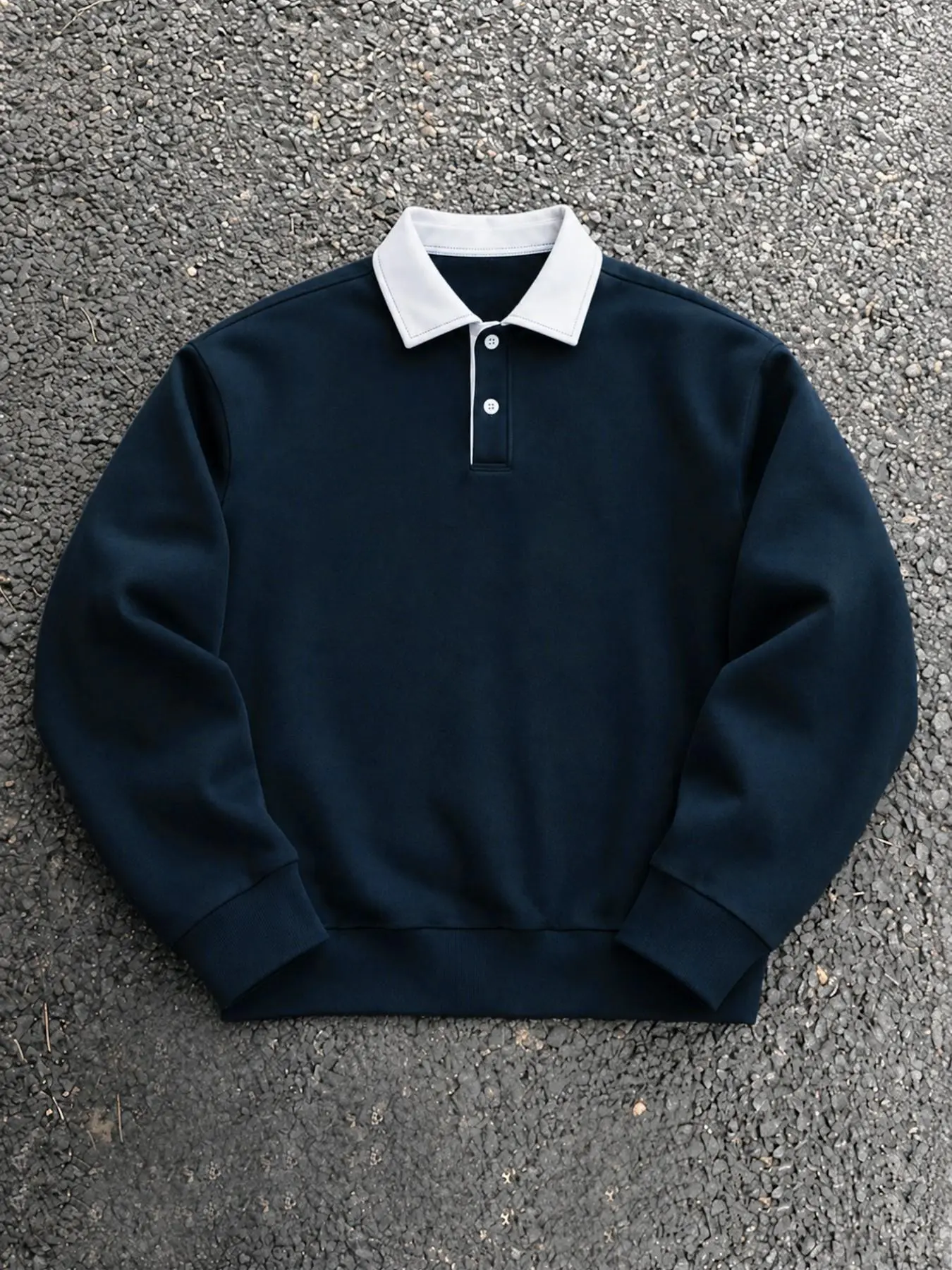 Cleanfit American College Contrast White Collar Polo Sweatshirt, Preppy Sweatshirts, Embossed Script Letter Print Long Sleeve Top, Loose Drop Shoulder Unisex Vintage Campus Pullover, Couple Commute Outfit, Autumn Winter Warm Sweatshirt, Holiday Gift