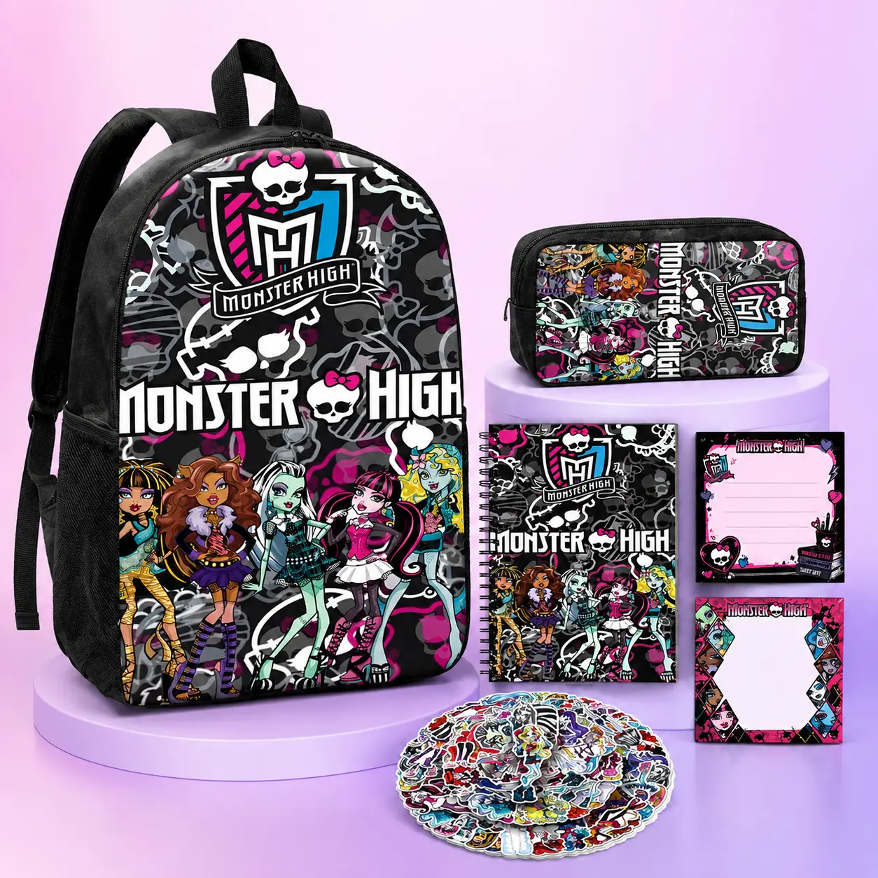 2026 Monster High School Backpack with 1 Pencil Case 1 Notebook, 2 Note Pads, 50pcs Stickers, School Book Bag Kit  for Girls Boys Teens, Back To School Supplies Kit Stationery Gift Elementary Middle School Teens
