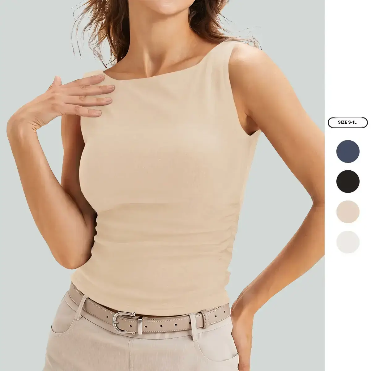 Imily Bela Womens Boat Neck Tank Tops Summer Tight Ruched Sleeveless Shirts
