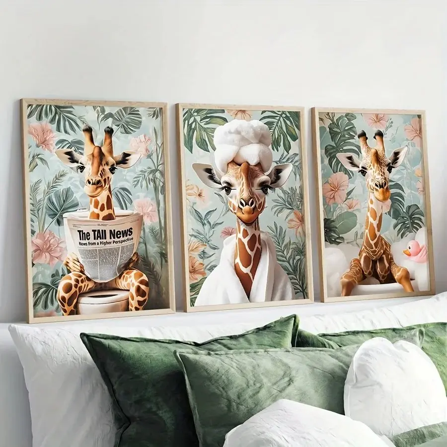 3pcs/set Frameless Giraffe Wall Art Whimsical Long-necked Animal Poster with Floral Background,bathroom Decor,modern Farmhouse Style