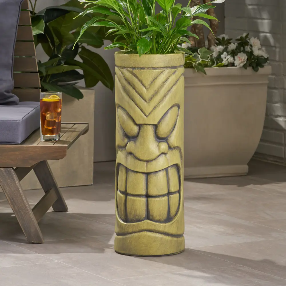 Littleox Stone Statue Urn Planter, Decorative Face Plant Pot, Antique Green Finish