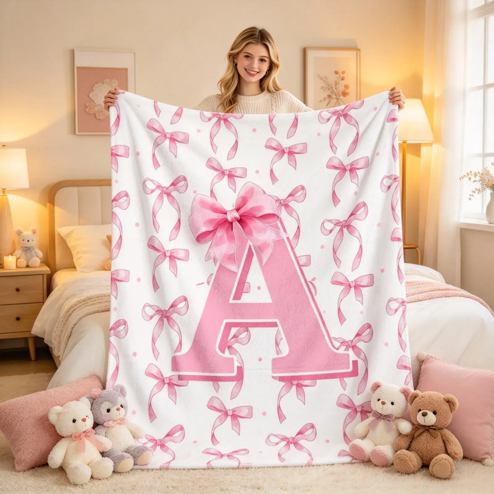 Personalized A-Z Initial Flannel Throw Blanket - Pink Bow Monogram, Coquette Letter Design, Soft Cozy, for Women, Bedroom/Couch Decor, Custom Birthday Holiday Housewarming Gift