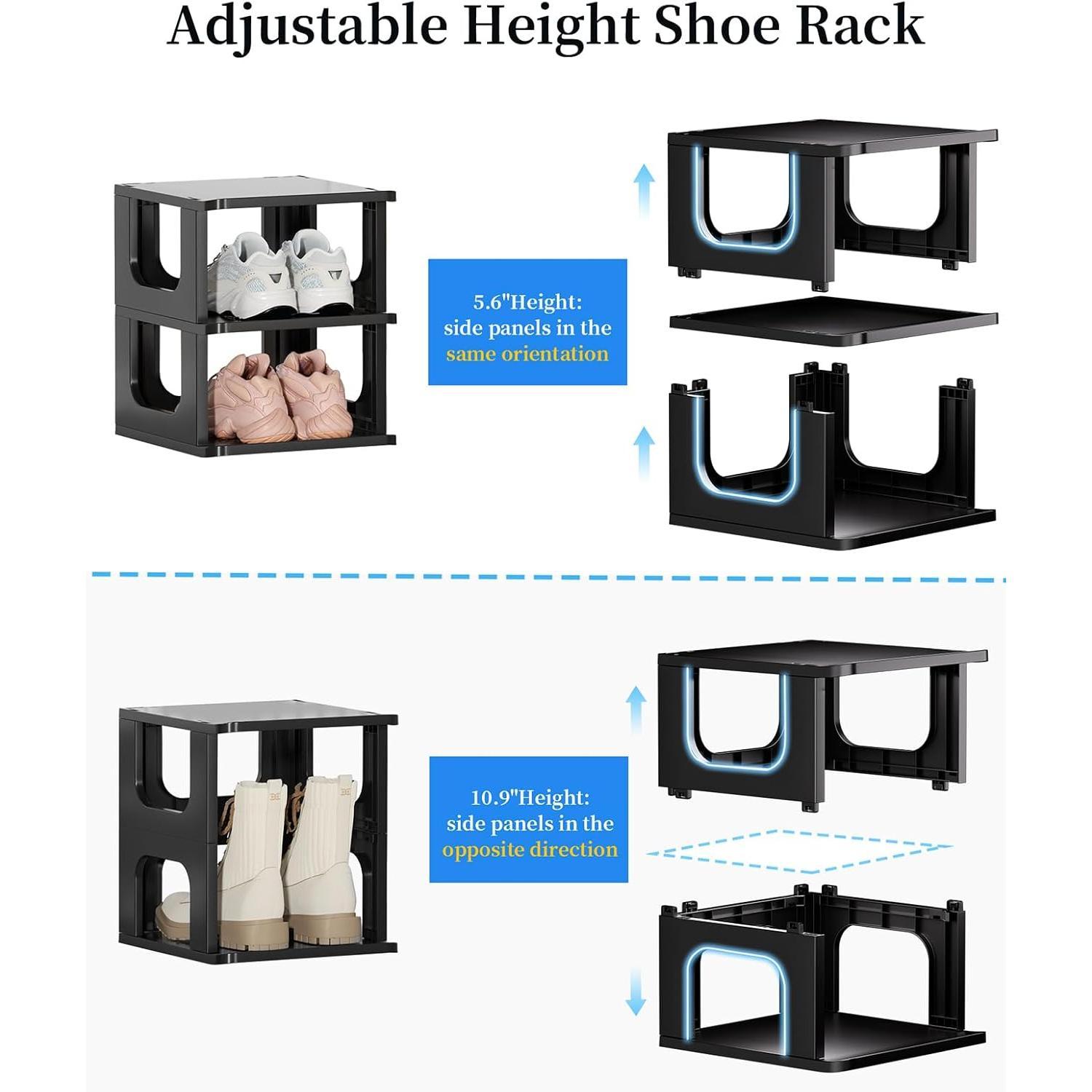 Adjustable 10 Tier Shoe Organizer - Narrow Plastic Vertical Shoe Rack for Closet, Entryway, Boots - Stackable Shoe Cabinet