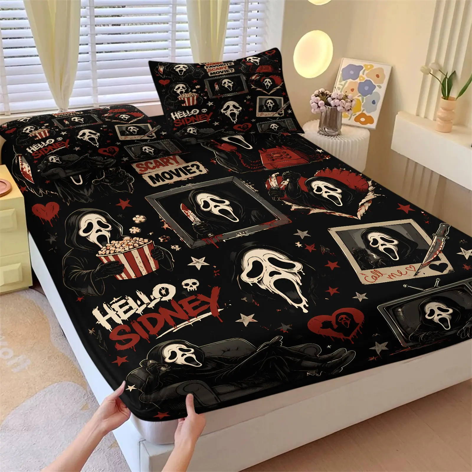 Ghostface Killer Retro Patchwork Fitted Sheet Set, 1 Bed Sheet + 2 Pillowcases, Lines Popcorn Dagger Blood Heart Skull Bedding, Soft Deep Pocket Design, Ideal for Movie Fans and Halloween Bedroom Decor, Comfy Bed Sets