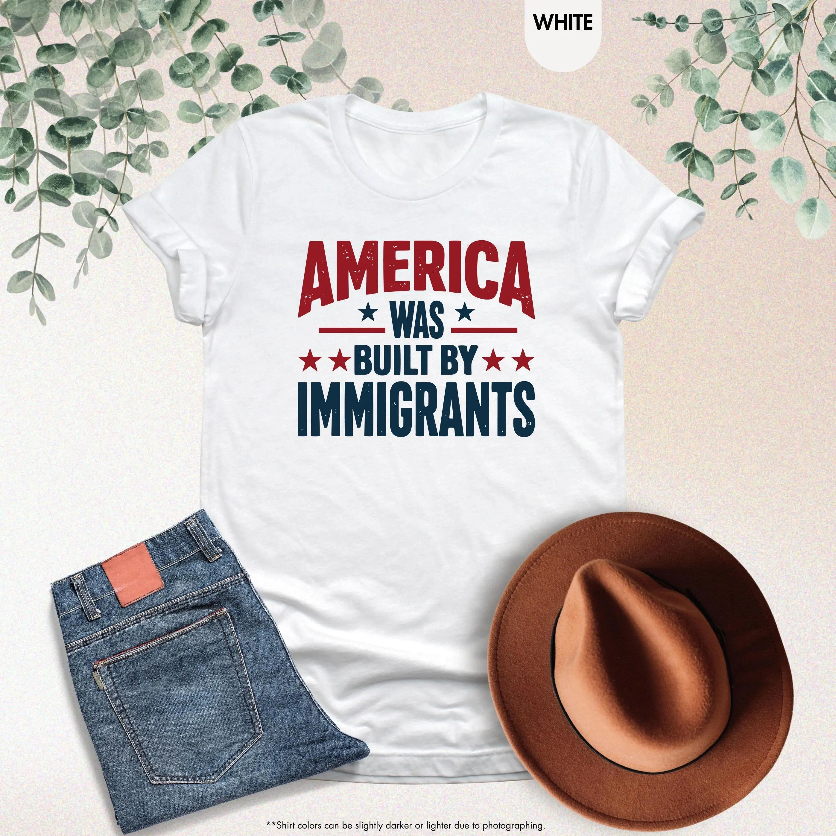 Women's America Was Built By Immigrants Quote Graphic Tee - Heavyweight Breathable Cotton, Smooth Garment-Dyed, Solid Color, Everyday Streetwear, Clean Finish, Short Sleeve Crewneck, Loose Drape Fit Sports Top, Ideal Gift Piece