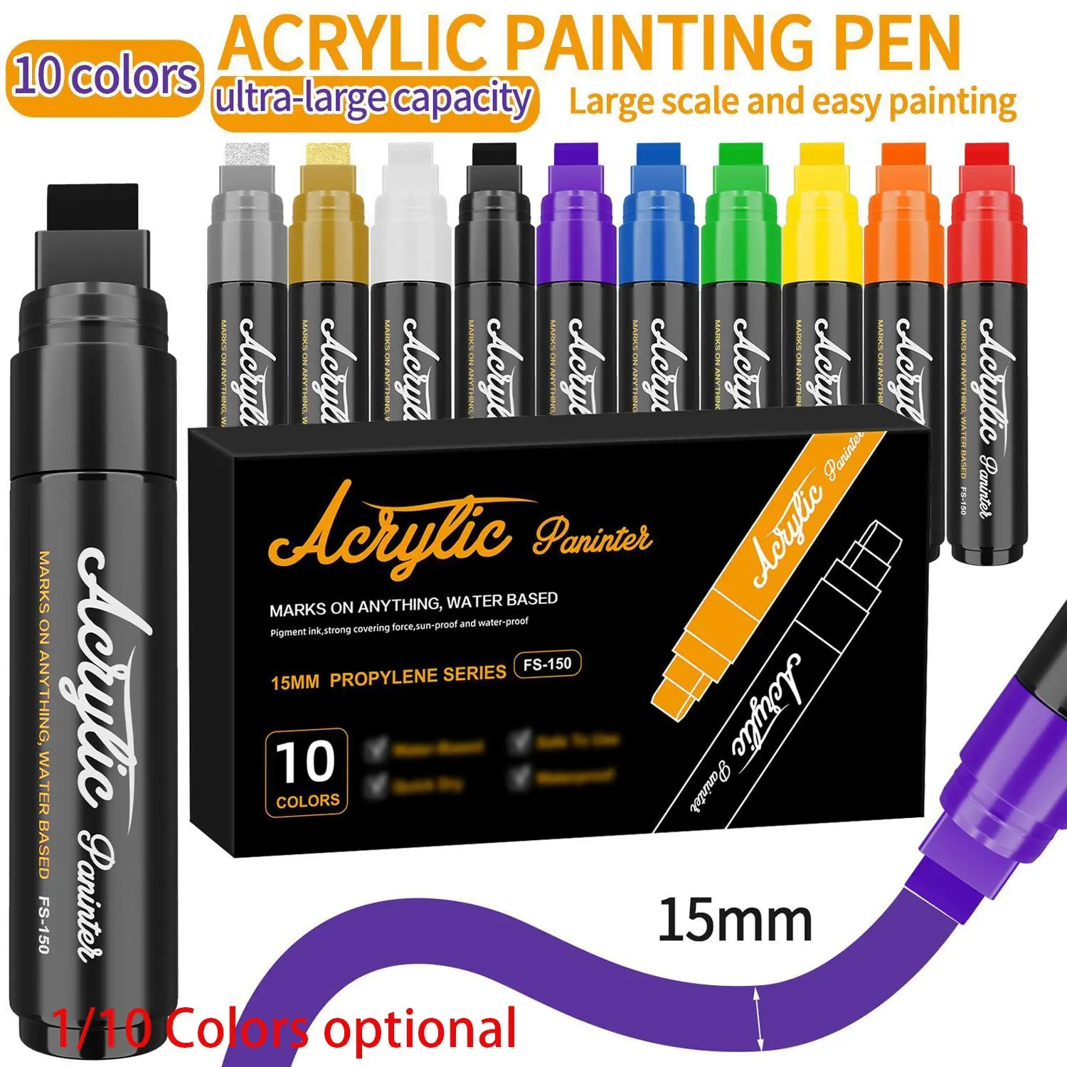 10 Color Giant Permanent Drawing Markers, permanent art markers, 15mm Tip Width, Thick Paint Acrylic Pens for Rock Painting and Sign Making, Canvas and Wood Use, Waterproof Acrylic Pen