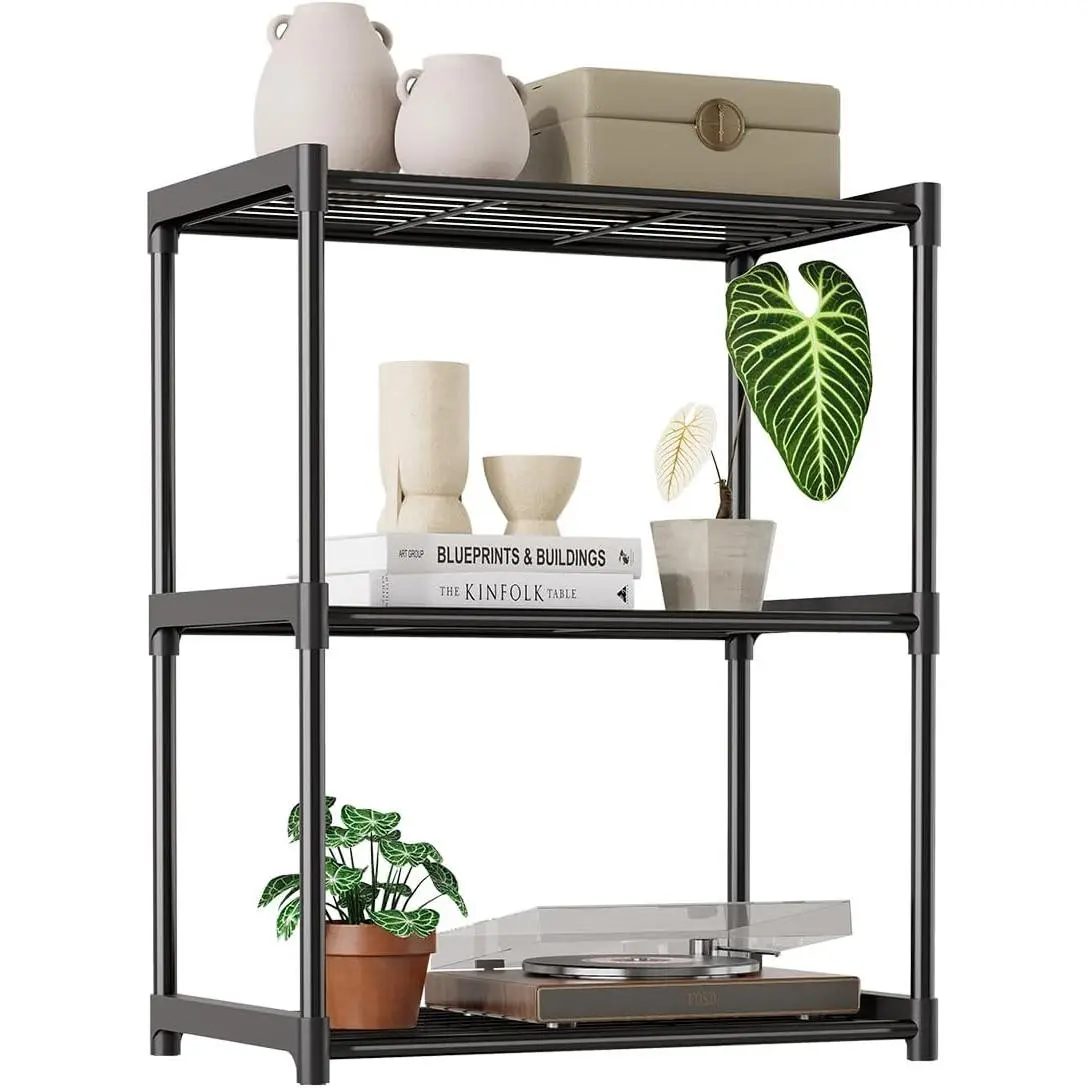 3-Tier Storage Shelves with Plastic Connectors – Metal Shelf Organizer for Pantry, Closet & Bathroom, Space-Saving Sturdy Shelving Unit Rack, Black, 17.3" x 12.8" x 28.9"