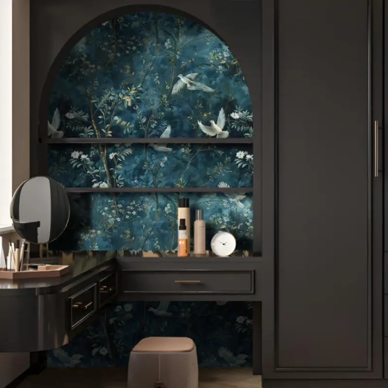 French Vintage Style Wallpaper, Deep Blue Jungle Dove, Suitable for Kitchen, Living Room, Bedroom, Cuttable, Home Decor