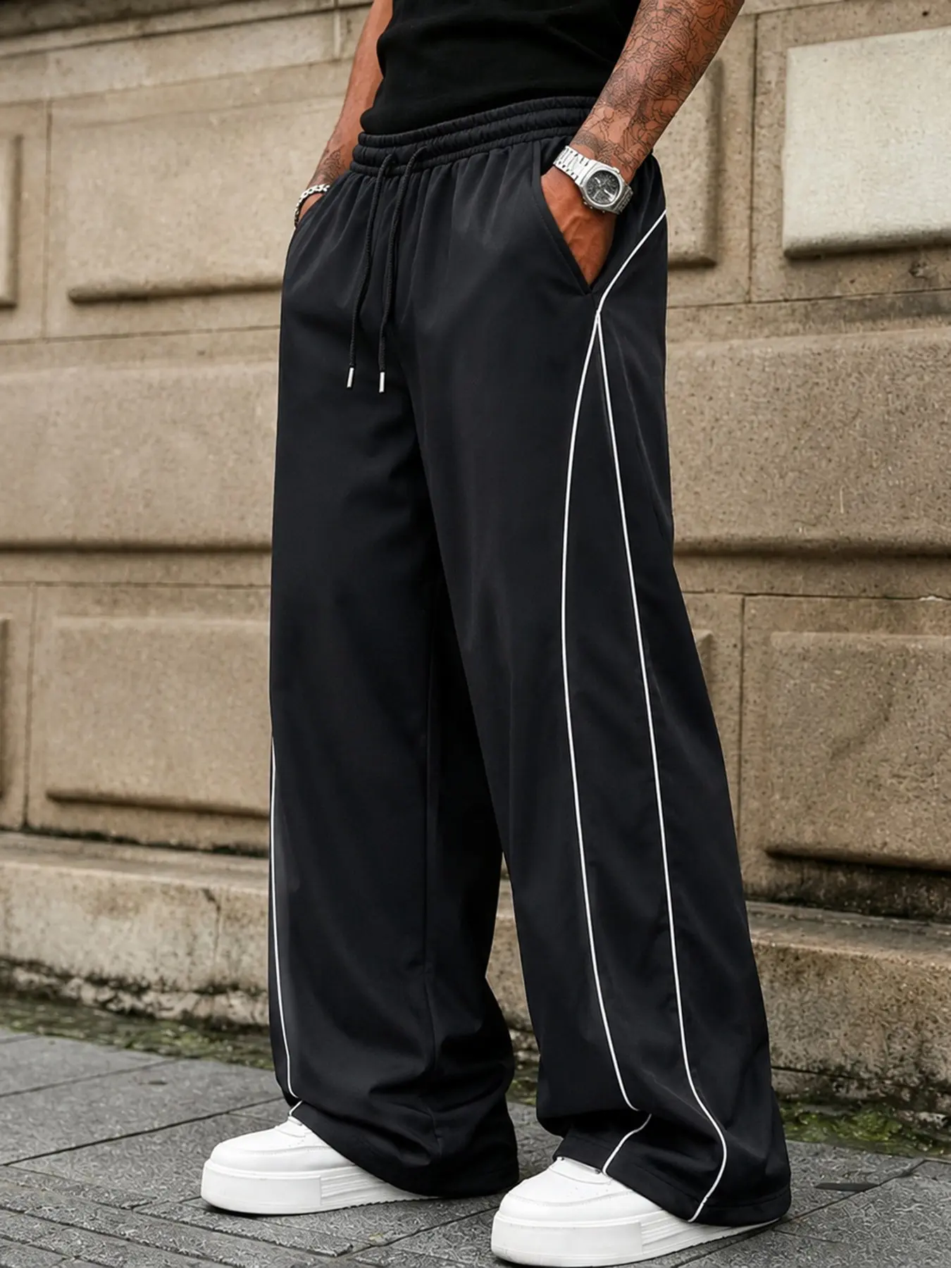 Men's Wide Leg Track Pants, Loose Straight Leg Streetwear Trousers, Contrast Piping Drawstring Pants with Pockets for Daily Wear, Travel, School, Hip Hop, Dance, Sports, Festival & Casual Outings