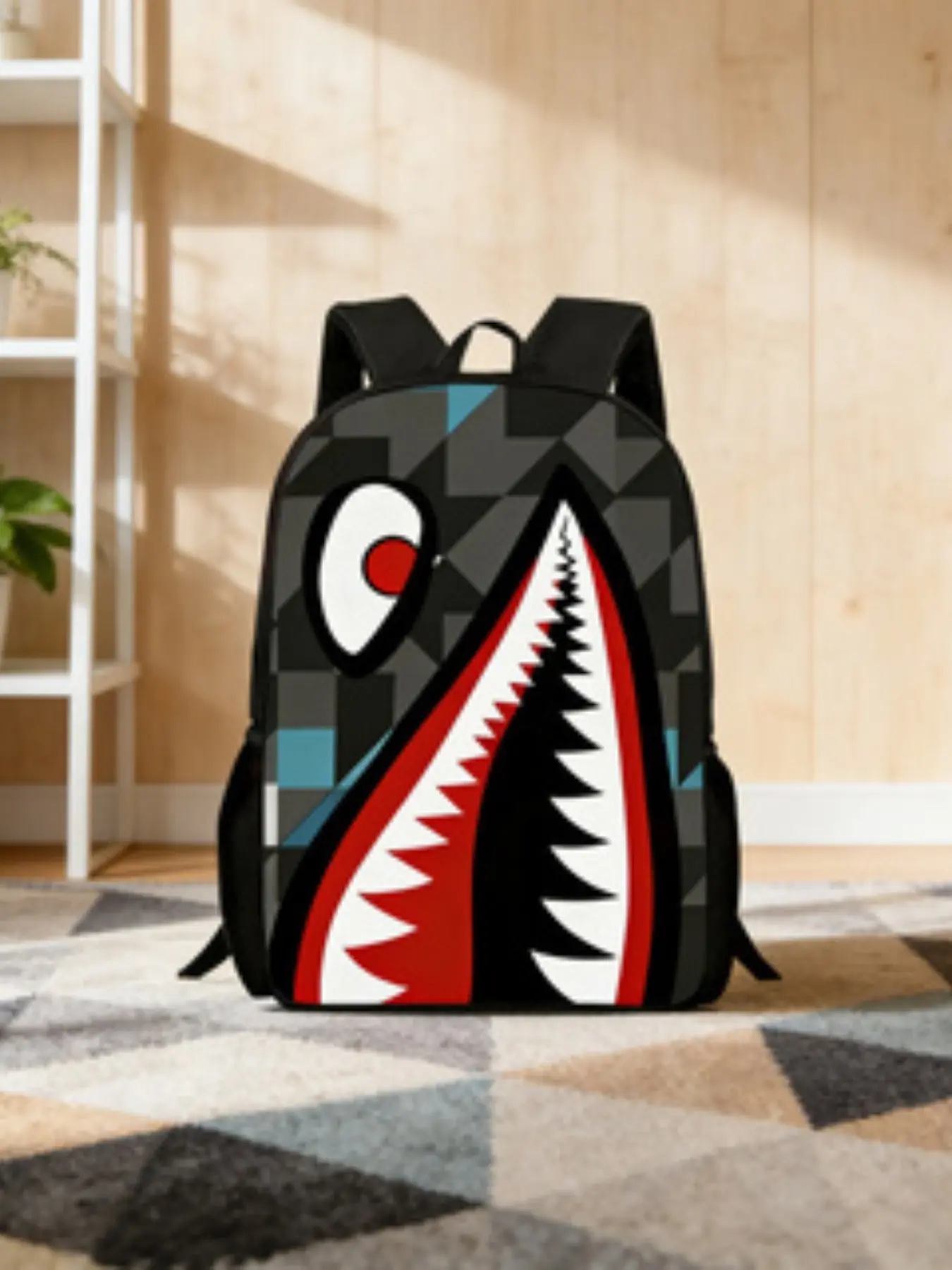Shark Mouth Print Backpack, Large Capacity Geometric Pattern School Bag, Student Backpack, Lightweight Travel Backpack, Versatile Backpack for Teenagers and Adults
