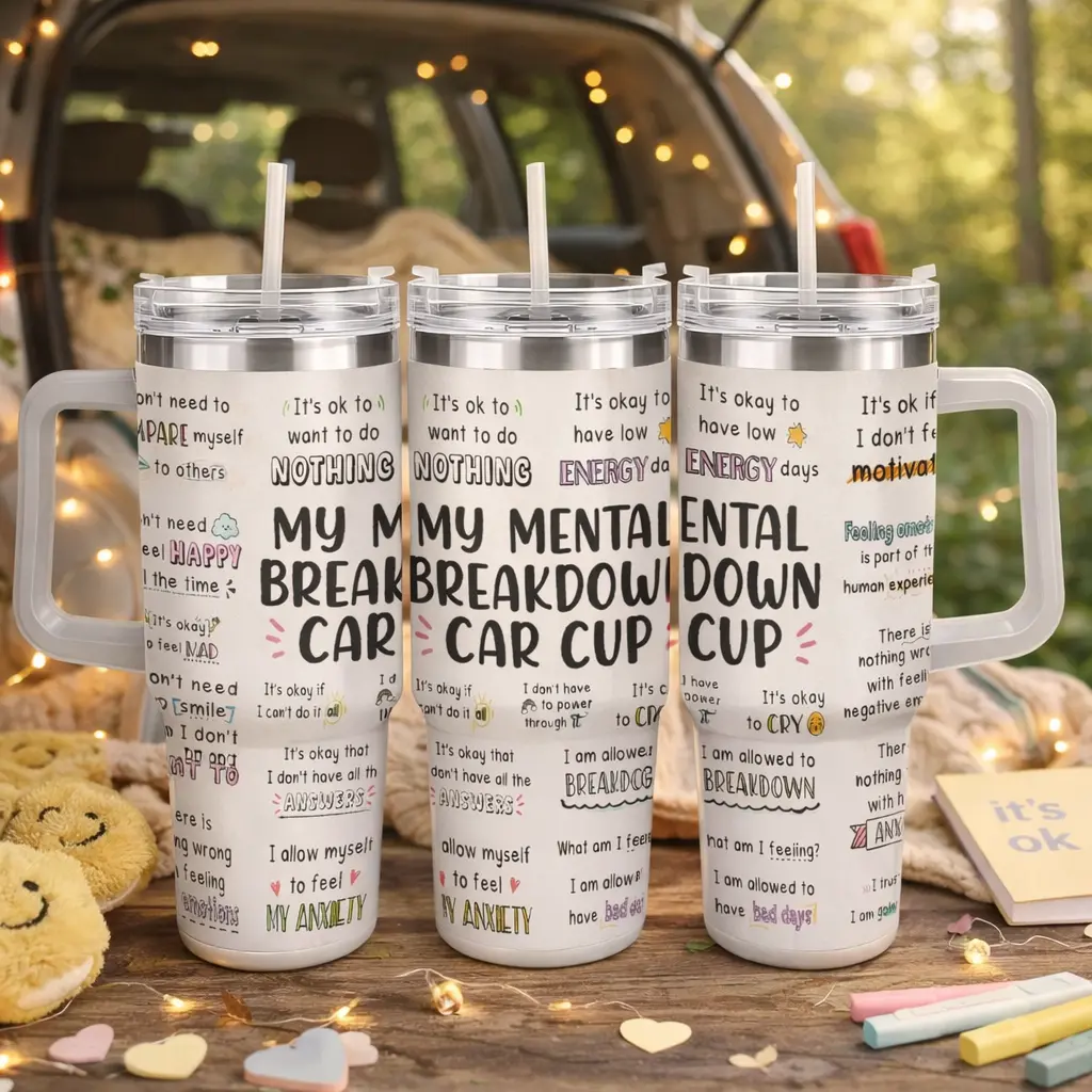 40oz Tumbler With Handle My Mental Breakdown Cup Positive Mental Health Quote Insulated Stainless Steel Travel Cup With Straw Self Care Anxiety Awareness Coffee Mug Gift For Women