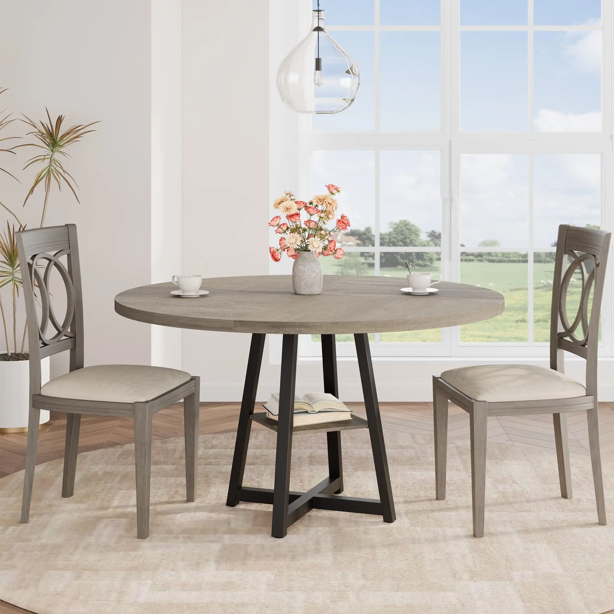 【GARVEE】Rustic Industrial Round Dining Table with Engineered Wood Top & Wood-Metal Base, Fathers Day Pick, 47.24"x47.24"x29.53", 300 lbs Capacity, 4-8 Seats, Farmhouse Storage Shelf, Table Only - Includes Guide, Family Meals