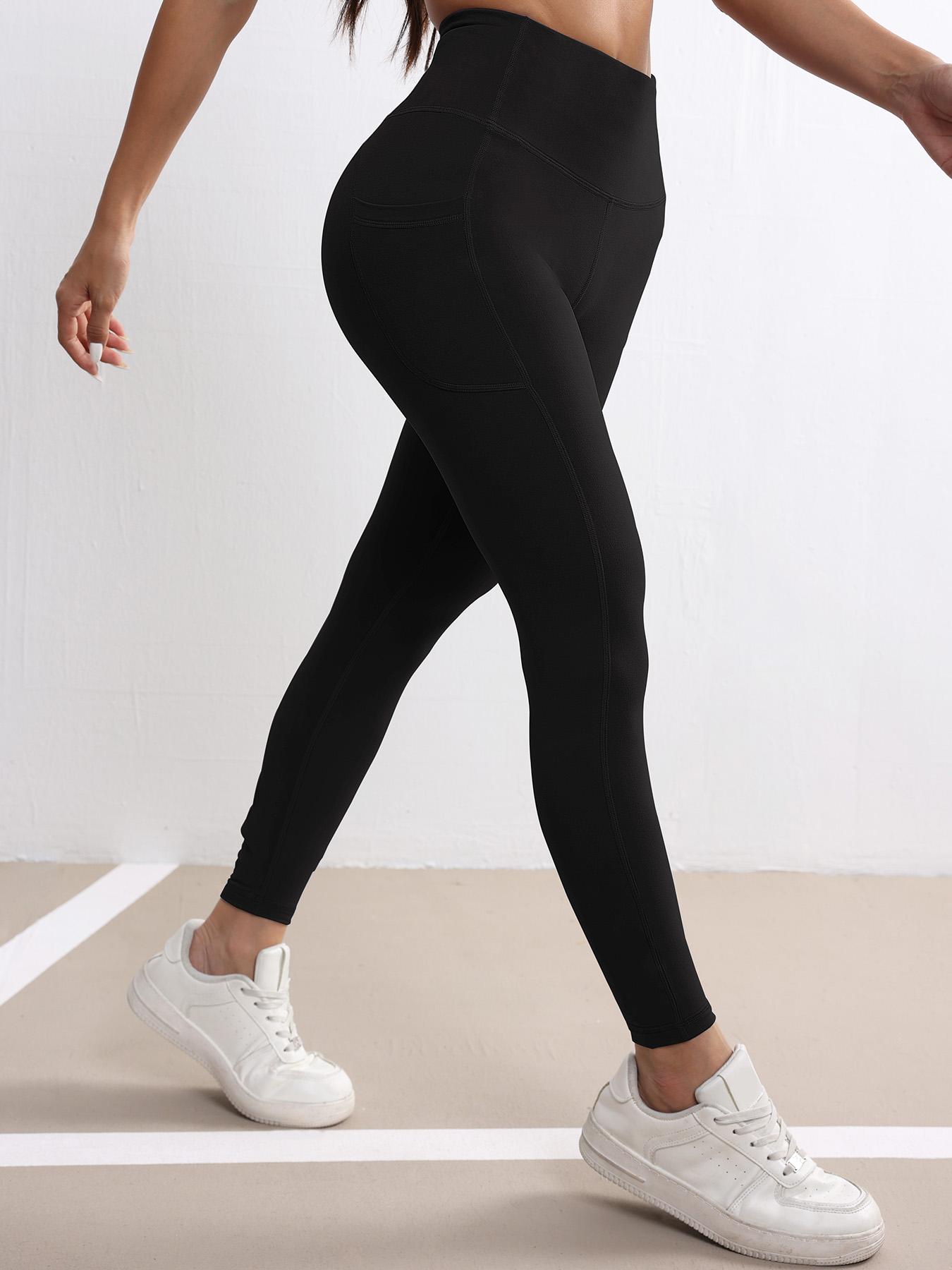 High Waist Pocket Women's Sporty Tight Pants, Solid Color Versatile Fitness Base Layer Yoga Pants, Comfortable Workout Leggings, Gym Fitness Leggings