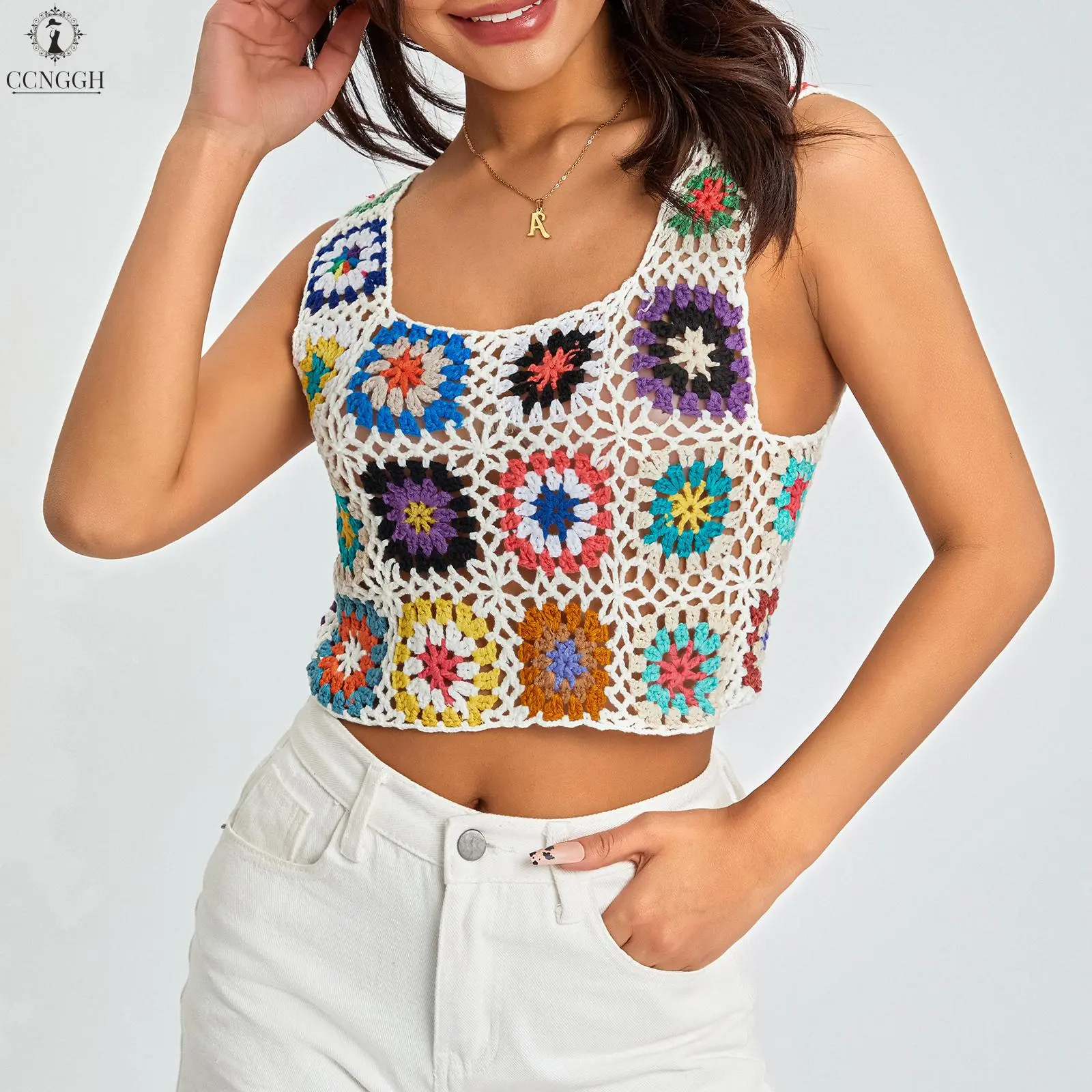 2026 New Women’s Hand Crochet Tank Top – Colorful Embroidered Openwork Knit Summer